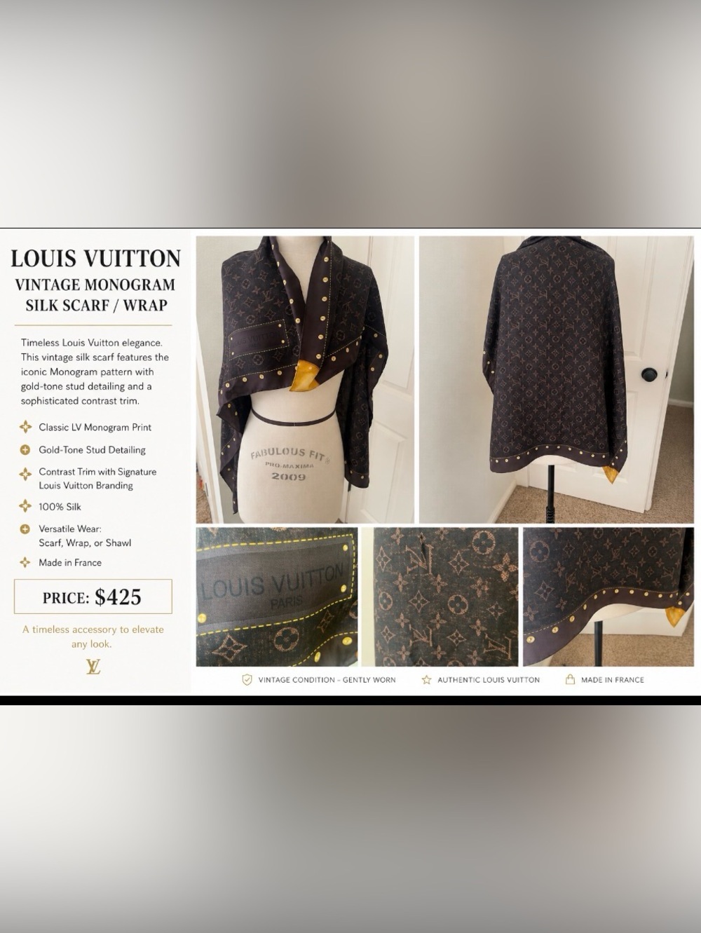 Louis Vuitton Brown Monogram Silk Scarf with Gold Trim